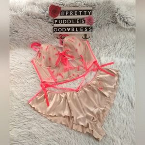 🧡 2pc VS Dream Angels Heart Embroidery Strappy Corset Top & Satin Short Set 🧡